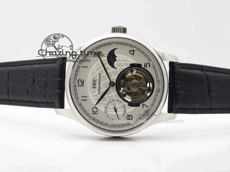 MIROTIME 0309 UrbanStyle Portuguese Tourbillon Power Reserve Moonphase SS White Dial On Black Leather Strap 7318